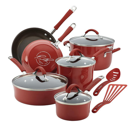 Set de utensilios de cocina de 12 piezas Rachael Ray Cucina antiadherente de esmalte de porcelana, color rojo arándano