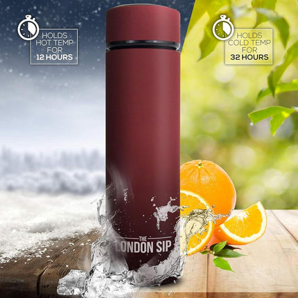 Vaso y taza de viaje multiusos de Here & Now Supply Co. | Botella de agua con infusor de té | Botella con infusión de frutas | Termo de café de acero inoxidable de doble pared para bebidas frías y calientes (rojo sagrado)