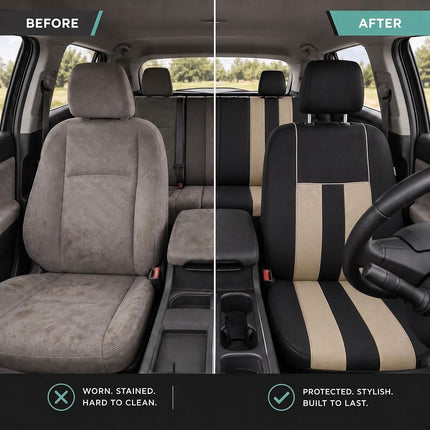 FH GROUP Car Seat Covers Full Set Cloth - Universal Fit,Automotive SeatCovers,Low Back Front SeatCovers,Airbag Compatible,Split Bench Rear Seat,Washable Car SeatCover for SUV, Sedan, Van Beige