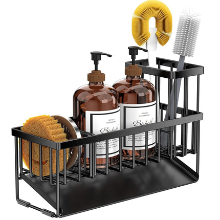 Cisily Extra Large Kitchen Sink Caddy Organzier with High Brush Holder, Sponge Holder for Sink, 304 Rustproof Stainless, Kitchen Countertop Soap Dispenser Organizer For Decor and Accessories