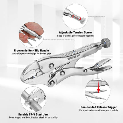 WORKPRO Locking Pliers, 4-inch Curved Jaw Vice Grips Pliers, Chromium-Vanadium Steel Locking Pliers with Wire Cutter, Locking Adjustable Vise Grips for Clamping Twisting Welding