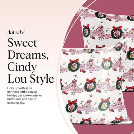 The Grinch x Kitsch Satin Pillowcase with Zipper for Hair & Skin - Softer Than Silk Pillow Cases, Smooth Cooling Pillow Cover, Wrinkle-Free, Machine Washable, Queen/Standard (19x26)- Cindy Lou