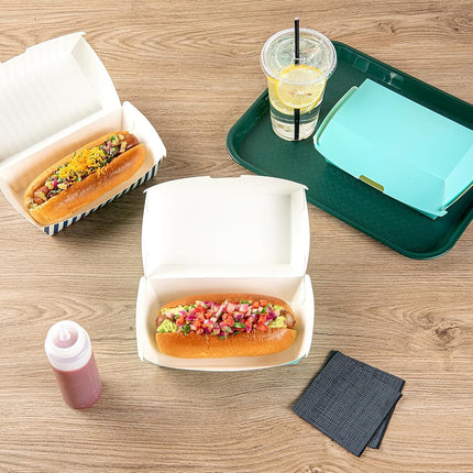 Restaurantware-Bio Tek 6.7 x 3.5 x 3.5 Inch Clamshell Food Containers, 100 Disposable Sandwich Containers - Hinged Lid, Tab-Lock Closure, Turquoise Paper Hot Dog Containers, Durable, Greaseproof