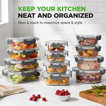 NutriChef Glass Food Storage Containers with Lids – 12-Pack Leak-Proof Meal Prep Containers, BPA-Free, Freezer-to-Oven & Dishwasher Safe, Airtight, Stackable (Grey)
