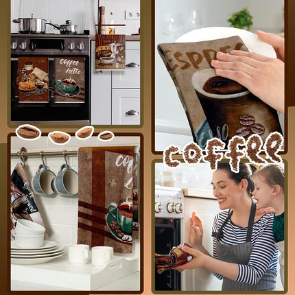 Boyiee Set of 6 Absorbent Dish Towels - 24 x 16 Inches, Retro Kitchen Hand Towels - Coffee Bar Decor, Coffee Lovers Gifts for Kitchen Room Decoration, 60 x 40 cm