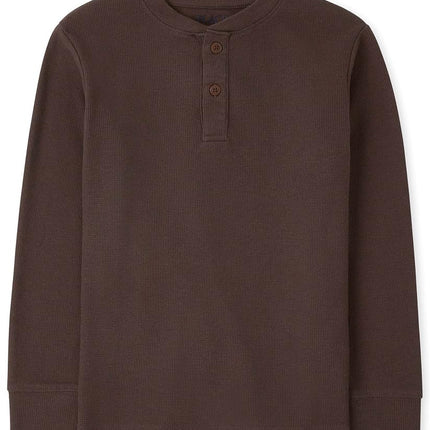 The Children's Place Boys' Long Sleeve Thermal Henley Shirt, Brown Bear, Large