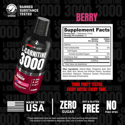 ProSupps L-Carnitine 3000 Liquid Fat Burner, Stimulant Free Metabolic Enhancer, 31 Servings (Berry Flavor)