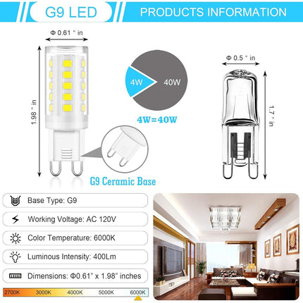 winshine G9 LED Light Bulb Bi Pin Base, 6000K Daylight G9 Base Bulbs for Chandeliers, 4W (40W Halogen Equivalent), 360° Beam Angle, 400LM, Non-dimmable for Home Lighting, 6 Pack