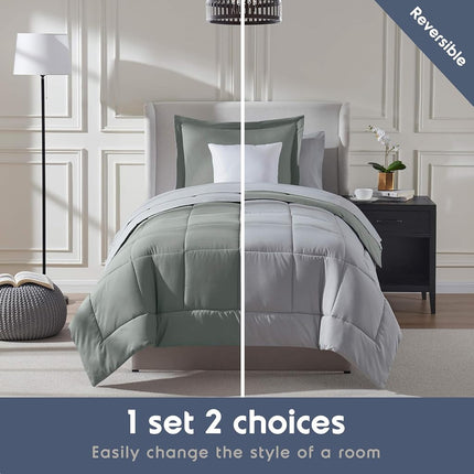 Nestl Twin XL Comforter Set 5 Piece - Reversible Twin XL Bedding Set Sage Green, College Dorm Essentials Bed in a Bag, Twin XL Comforter Set for College Girls & Boys with Sheets, Pillowcase and Sham