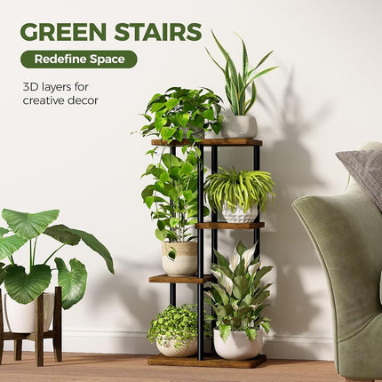 Bamworld Tall Plant Stand Indoor, Metal Plant Shelf for Multiple Plants, Tiered Flower Pot Stands for Patio Garden Balcony Living Room Bedroom, 4 Tier Brown