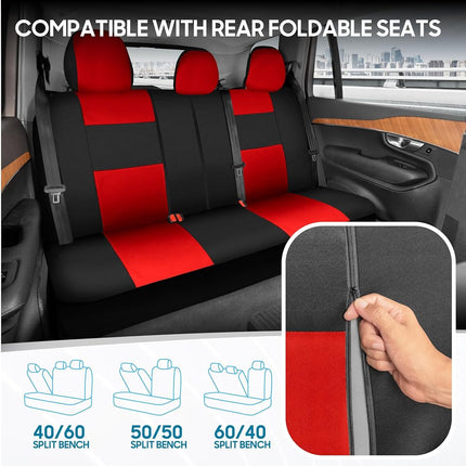 BDK PolyPro, Full Set in Red on Black – Front and Rear Split Bench Car Seat Cover, Easy to Install, Interior Covers for Auto Truck Van SUV