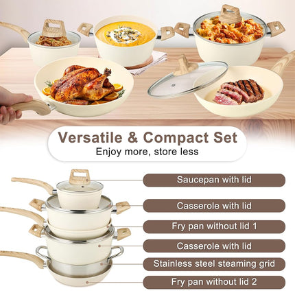 FAB&DELUXE Nonstick Cookware Set,11 Pcs Nonstick Pots and Pans, Aluminum Cooking Set with Lids & Wooden Handles, Non-Toxic Healthy Kitchen Cookware Sets, Silicone Spoons & Spatulas, PFAS & PFOA Free