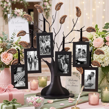 Americanflat Bronze Family Tree with 6 Hanging Picture Frames 2" x 3" in Black and Adjustable Ribbon Tassels - 12"