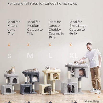 Feandrea Cat Tree Tower, 67 cm, S, Condo for Kittens up to 7 lb, Large Perch, 2 Caves, Scratching Post, Smoky Gray UPCT611G01