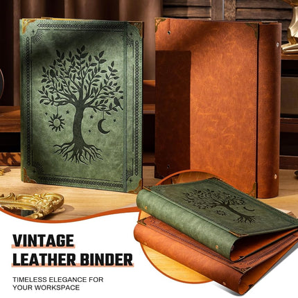 Ovesmusl Leather 3 Ring Binder Fits 8.5"x11" Letter Size Paper, 2 Inch Round Ring Binder Holds 500 Sheets, Notepad Paper Cover Loose Leaf Organizer, Brown Tree