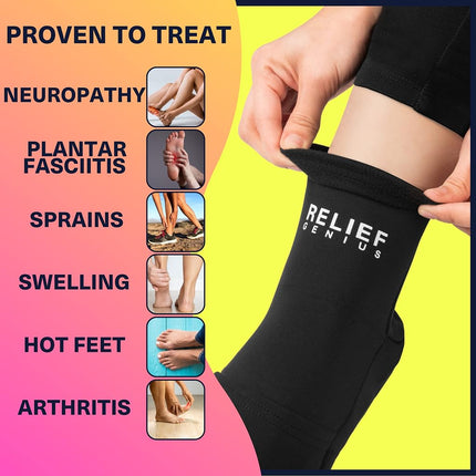Chaussettes de cryothérapie Relief Genius avec packs de gel glacé réutilisables – Soulagement des entorses, douleurs musculaires, contusions, gonflements, œdèmes, chimiothérapie, arthrite, pieds post-partum (Noir, Large)