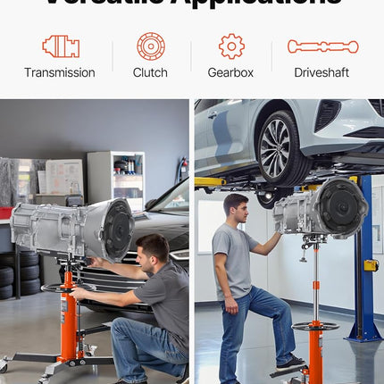 VEVOR Transmission Jack, 1322 LBS Hydraulic Telescoping Transmission Jack, 32"-67" High Lift Transmission Jack Stand with Foot Pedal, 360° Swivel Wheel, Hydraulic Transmission Jack