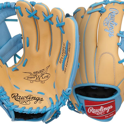 Rawlings | Select Pro Lite Series Francisco Lindor Youth Baseball Glove | 11.5 Inch | Right Hand Throw | Camel/Columbia Blue