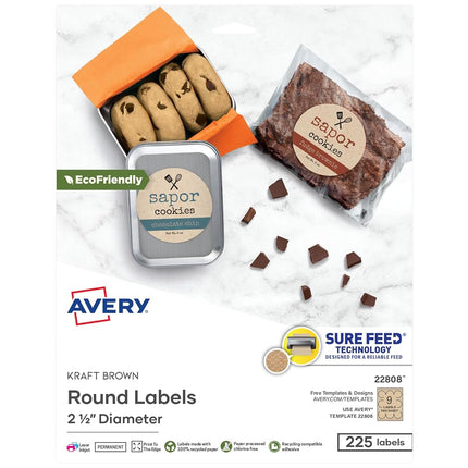 Etiquetas Redondas Imprimibles Avery, 2.5" de Diámetro, Marrón Kraft, 1,125 Etiquetas Personalizables (22808)