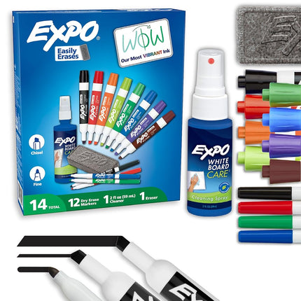 EXPO Dry Erase Marker Kit with 12 Fine & Chisel Tip Markers, Eraser & Spray Cleaner, 14-Piece Set