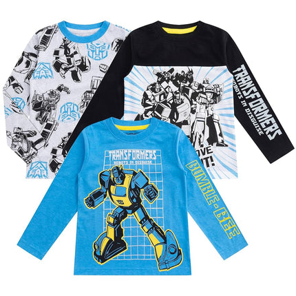 Transformers Hasbro Boys Long Sleeve Shirt for Toddlers and Big Kids, 3 Pack, Blue/black, 10