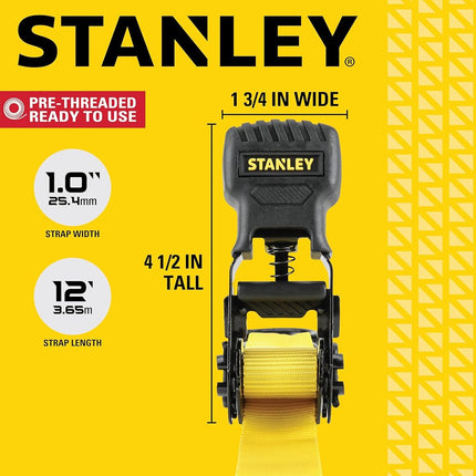 STANLEY S10004-12 Black/Yellow 1" X 12' Ratchet Straps - 500 LBS Safe Working Load / 1,500 LBS Break Strength, 4 Pack
