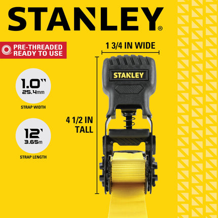 STANLEY S10004-12 Black/Yellow 1" X 12' Ratchet Straps - 500 LBS Safe Working Load / 1,500 LBS Break Strength, 4 Pack
