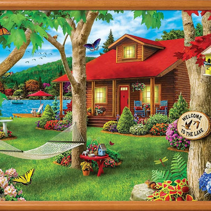 MasterPieces Lazy Days Lakeside Retreat - Rompecabezas de 750 piezas "Cabaña junto al lago" de Alan Giana