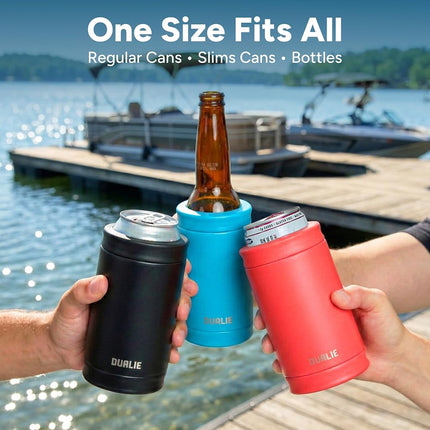 DUALIE 3 in 1 Insulated Can Cooler - Universal Size for 12 oz Cans, Slim Cans, and Bottles - 10+ Colors Available, Black