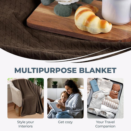 Superior Diamond Weave Blanket, 100% Cotton Cover for Home, Couch, Bed, Soft, Warm Blankets, Boho Aesthetic, Comfy, Cozy, and Cute Covers, Decorative Bedding Essentials, Throw, Chocolate