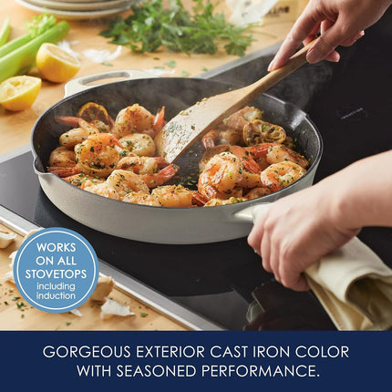 Rachael Ray Nitro Sartén de hierro fundido con asa auxiliar y boquillas, 30 cm, Rojo