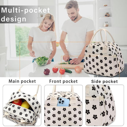 Carry Bloom Lunch Box for Women, Insulated Lunch Bag Cute Corduroy Lunchbag Reusable Lunchbox for Work (Flower Black)