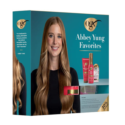 OGX Abbey Yung Favorites Set includes Bond Protein Repair 450°F Heat Protect Spray, Bond Protein Repair 1-Min Treatment Mask & Damage Remedy + Coconut Miracle Penetrating Oil, 3 Full Size Items