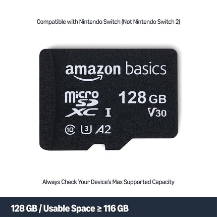 Amazon Basics microSDXC Memory Card with Full Size Adapter, A2, U3, Read Speed up to 100 MB/s, 128GB, Black