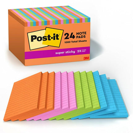 Post-it Notes Super Sticky Pads in Energy Boost Collection Colors, Note Ruled, 4" x 6", 45 Sheets/Pad, 24 Pads/Pack