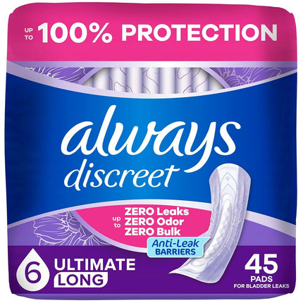 Always Discreet Incontinence & Postpartum Incontinence Pads for Women, Overnight Absorbency, Extra Heavy Long, 45 Count