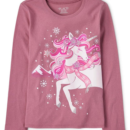 Camisetas gráficas de manga larga de unicornio de The Children's Place para niñas, Unicornio de Invierno, Talla XG