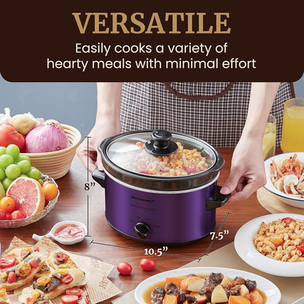 Elite Gourmet MST-275XP# Electric Oval Slow Cooker, AdjCatable Temp, Entrees, Sauces, Stews & Dips, Dishwasher Safe Glass Lid & Crock (2 Quart, Purple)