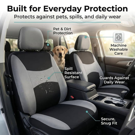 FH Group 3 Row Set 7 Seater Light & Breezy Flat Cloth Car Seat Covers, Combo Steering Wheel Cover & Seat Belt Pads, Airbag and Split Rear, Universal Fit for Cars Trucks, SUV, Gray