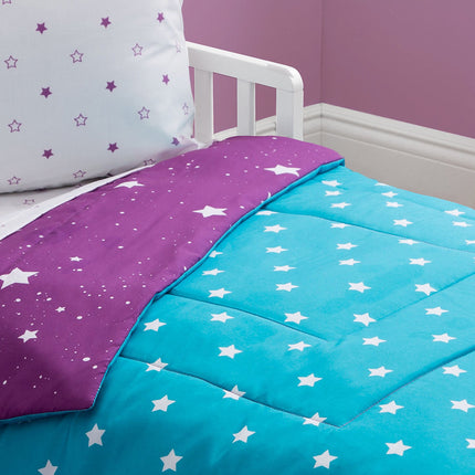 Toddler Bedding Set | Girls 4 Piece Collection | Fitted Sheet, Flat Top Sheet w/ Elastic bottom, Fitted Comforter w/ Elastic bottom, Pillowcase | Delta Children | Girls Starry Night | Purple Stars