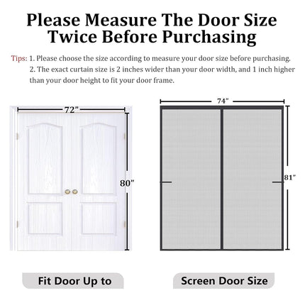 Mpmedo Magnetic Screen Door Upgraded-Model Full Strip Magnets,Reinforced Heavy Duty Fiberglass Mesh Sliding Door,Full Frame Seal Retractable French Closure for Patio Black Fit Door Size to 72''x 80''
