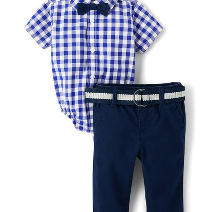 The Children's Place baby-boys And Newborn Short Sleeve Button Down Shirt and Shorts 2 Piece Outfit Set, Renew Blue Check, 6-9 Months
