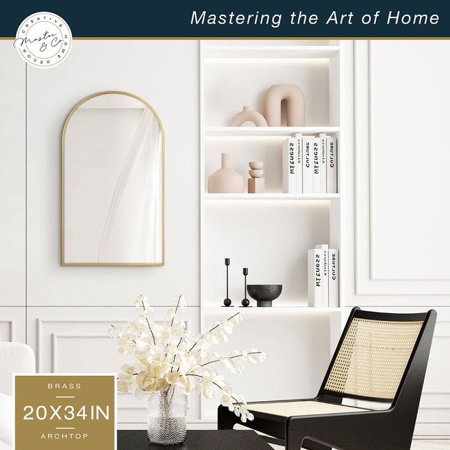 Grand miroir mural MCS Master & Co. Modern Metal, miroir arqué minimaliste pour le salon, la chambre ou la salle de bain, 20 x 34 pouces, laiton