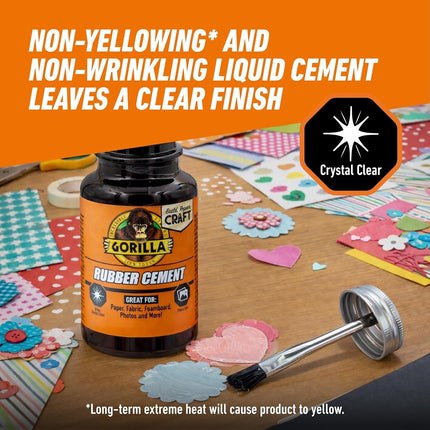 Gorilla Rubber Cement with Brush Applicator, Clear Glue, 4 Fluid Ounces (Pack of 2) - Easy to Use, Non-Wrinkling, Non-Yellowing