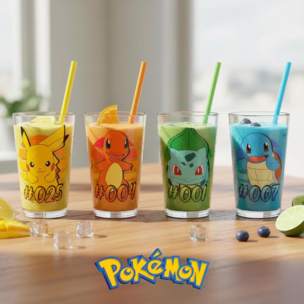 Silver Buffalo Pokemon Original Starters Feautirng Charmander, Squirtle, Bulbasaur, and Pikachu 4 Pack Pint Glass Set, 16 Ounces