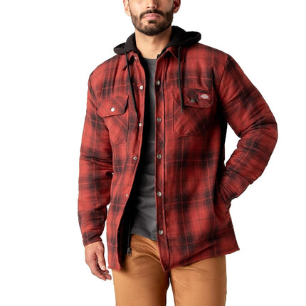 Dickies Men's Water Repellent Flannel Hooded Shirt Jacket, Brick Black Ombre Plaid, Large