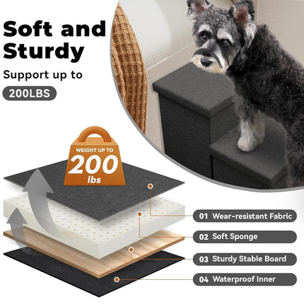 Zerbuger Dog Stairs with Storage, Dark Grey 3 Steps Dog Ramp no Condo