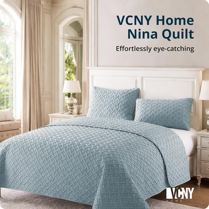 VCNY Home Quilt Set-Ultra-Soft Reversible Coverlet Bedding-Lightweight, Cool, and Breathable Bedspread, Machine Washable, Microfiber, Blue, Full/Queen