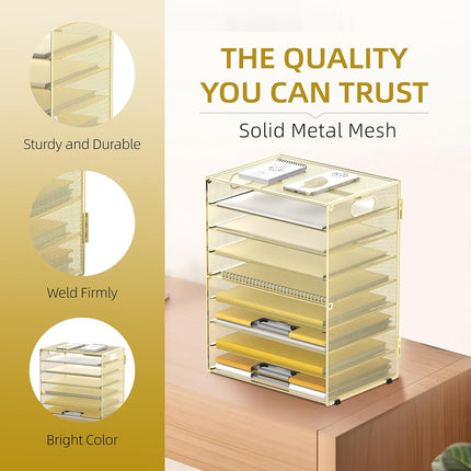 DALTACK 9-Tier Paper Letter Tray Desk Organizer with Handles, Mesh File Holder Organization, File Organizer for Desk Paper Sorter for Office Home School, Gold
