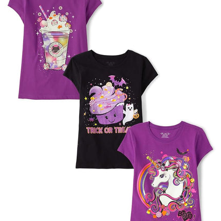 The Children's Place camisetas gráficas de manga corta para niñas para todas las fiestas, paquetes múltiples, bebida/dulce o truco/unicornio, pequeña